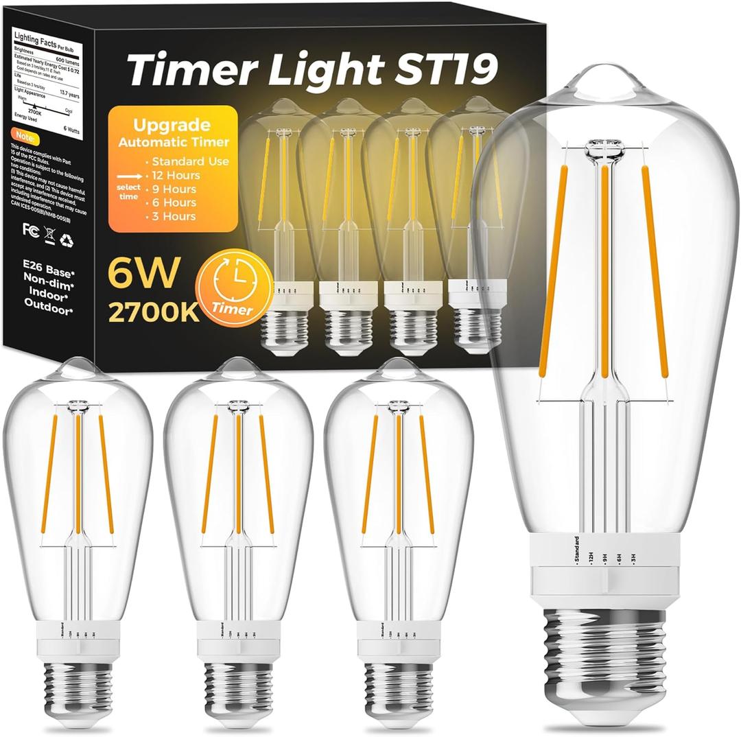 ST19 Timer Light Bulb 4 Pack: Vintage Edison LED Bulbs with Built-in Timer, 3H/6H/9H/12H Auto Modes, Warm White 2700K 600lm, E26 Base, No WiFi, Energy Saving Indoor/Outdoor Porch & Patio Light