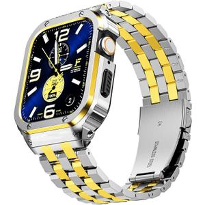 SUPLINK Stainless Steel Case with Band Compatible with Apple Watch Series 9 8 7 45mm Bands, Metal Rugged Protector Cover for iWatch Band Men (Silver/Gold) (45mm(series 9/8/7))