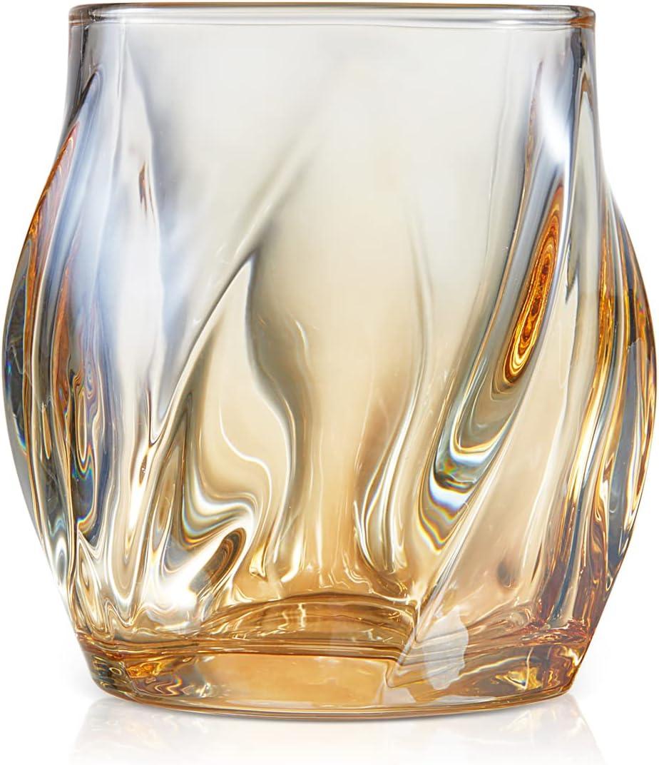 Whiskey Glasses Set of 2, Rocks Glass, 8.5 OZ Drinking Glasses, Creative Twisted Crystal Old Fashioned Cocktail Glass Tumbler for Bourbon, Scotch, Tequila, Cognac, Rum (Amber)