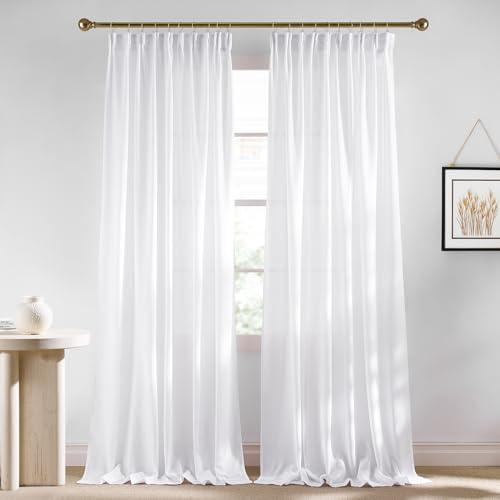 NICETOWN White Linen 108-inch Curtains, Back Tab/Rod Pocket with Pleat Tape Privacy Added with Light Filtering Semi Sheer Window Treatments for Living Room, W52 x L108, 2 Panels