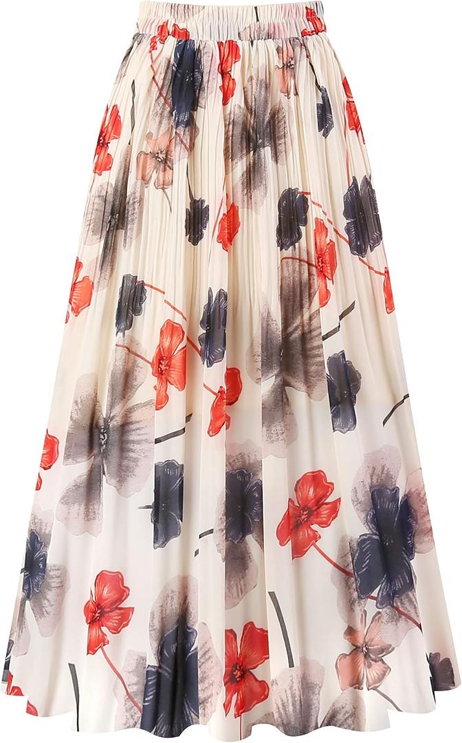 Women's Pleated Skirt A-Line Midi Skirts (L)