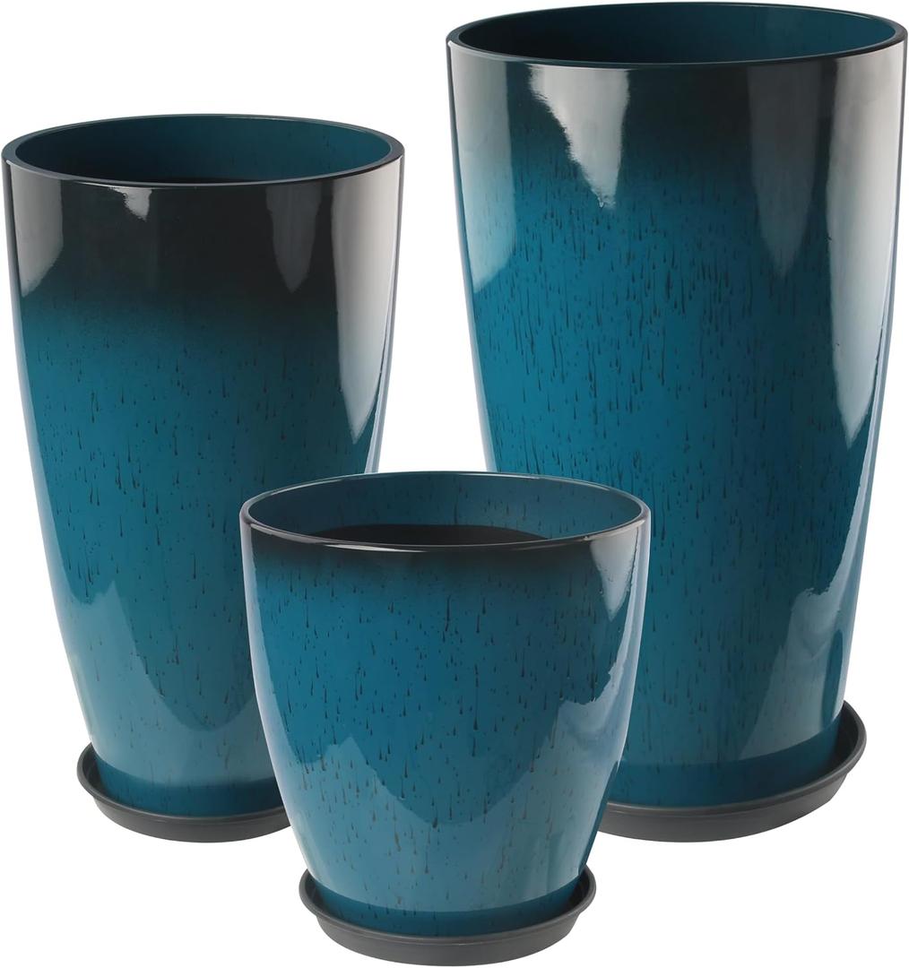 24-21-11 Inch Tall Planters Set of 3, Indoor Outdoor Blue Glossy Round Planter with Drainage Hole and Saucer, Large Decorative Plant Pots for Home Garden Porch (Blue)