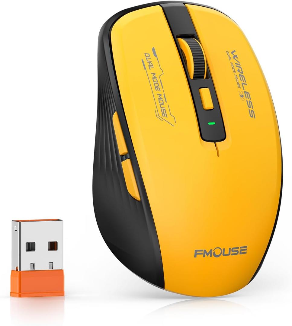 FMOUSE Wireless Mouse (Bluetooth & 2.4GHz USB) with Forward/Backward Side Keys, Silent Click, Ergonomic Portable AA Battery Mice for Laptop/Mac/iPad - Office & Travel Use, Yellow & Black