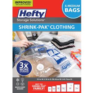 Hefty Shrink-Pak Vacuum Storage Bags - Space Saver for Under Bed Storage, Clothing and Comforters, 3X More Storage Space, 6 Medium Zipper Bags