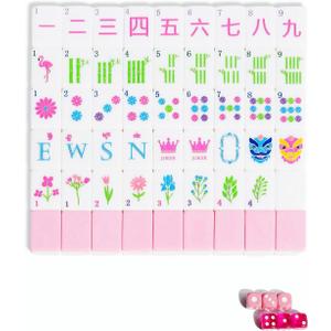 Mahjong Tile Set 160 1.2-inch Engraved Acrylic American Mahjong Tiles Game Set with Bag Cute Mini Mah Jongg Sets with Travel Bags Accessories Pink