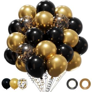 Patimate Black Gold Confetti Balloons Set, 50 pcs 12 inch Metallic Gold Black Confetti Latex Balloons Kit for Birthday Wedding Graduation New Years Anniversary Party Decorations