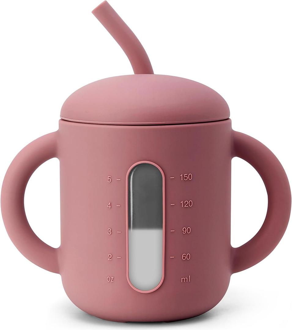 SAMiGO Silicone Baby Straw Cup for 6 12 18 Months, Sippy Cup for Infant and Toddler Training and Water Drinking, 6 OZ (Rose)