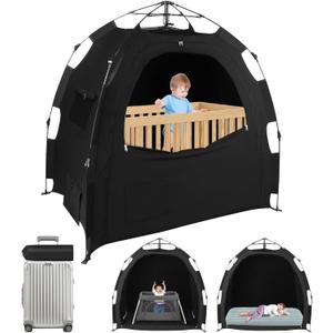Blackout Tent for Pack N Play: Portable Baby Sleep Pod with 1-Click Setup, Mini Crib Cover with Monitor and Fan Pouches, Blocks 95% of Light, Travel Crib Canopy, 35.4 Inches X 51 Inches X 53 Inches