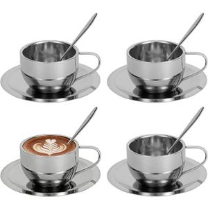 4 Pack 6 oz Coffee Cups Set, Stainless Steel Espresso Cups with Saucers and Spoons, Handle Drinkware for Latte, Cappuccino, Milk, or Tea (Silver)