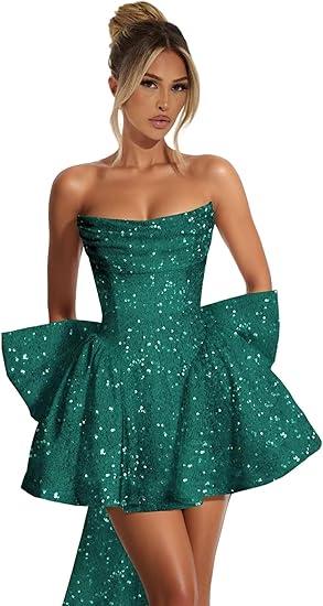Strapless Sequin Homecoming Dresses with Bow Sparkly Short Prom Dresses A Line Cocktail Party Gowns (6, Teal)