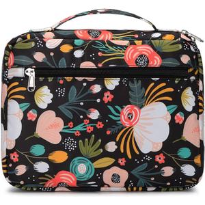 Bible Book Covers for Women & Girls - Scripture Carrying Case with Handle Pockets, Black-Flower Design