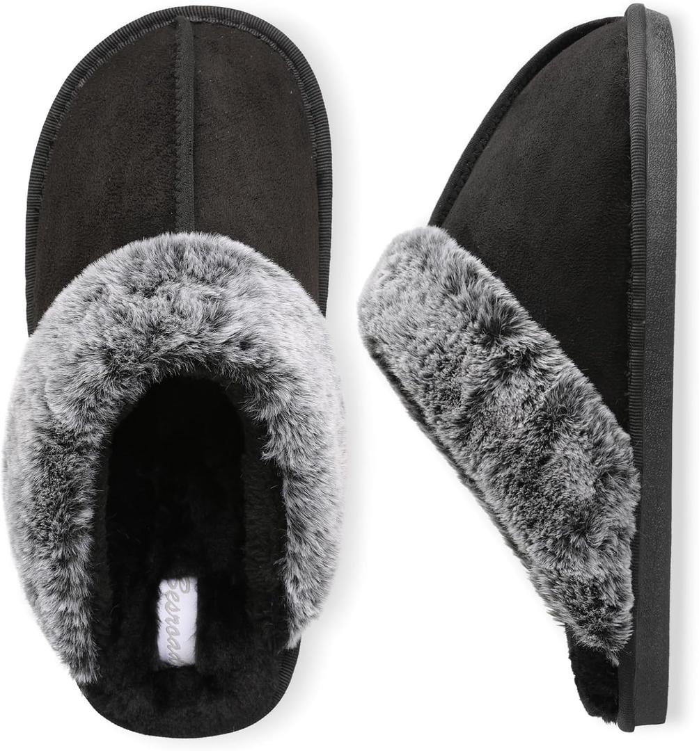 Besroad Mens Slippers Memory Foam House Slippers Warm Fuzzy Bedroom Slide House Shoes Indoor Outdoor Scuff (7-8, Black)