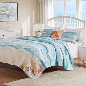 Greenland Home Maui Embroidered Coastal Quilt and Pillow Sham Set with Decorative Pillows, King/California King (5-Piece) (Blue)