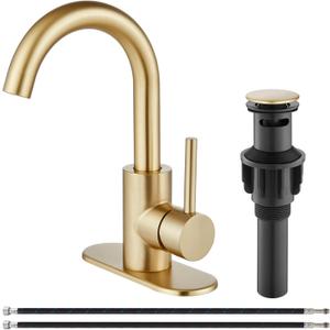 Midanya Single Hole Bathroom Faucet 1 Hole Bar Sink Faucet Suitable for Kitchen RV Vanity,304 Stainless Steel 360 Swivel Spout with Deck Plate and Pop-up Drain,Brushed Gold