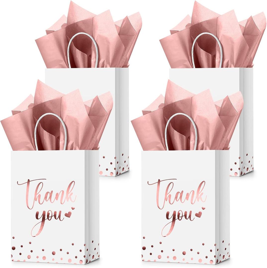 Tinlade 30 Pcs Thank You Gift Bags with Tissue Paper Gold Thank You Wedding Bags with Handle for Graduation Business Shopping Wedding Shower Party Favors(Rose Gold)