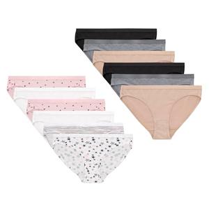 Hanes Big Bikini Underwear, Stretch Cotton Panties for Girls, Assorted, 12-Pack, Black, Nude, Grey, White, Dot Print, Stripe Print, Star Print, 10