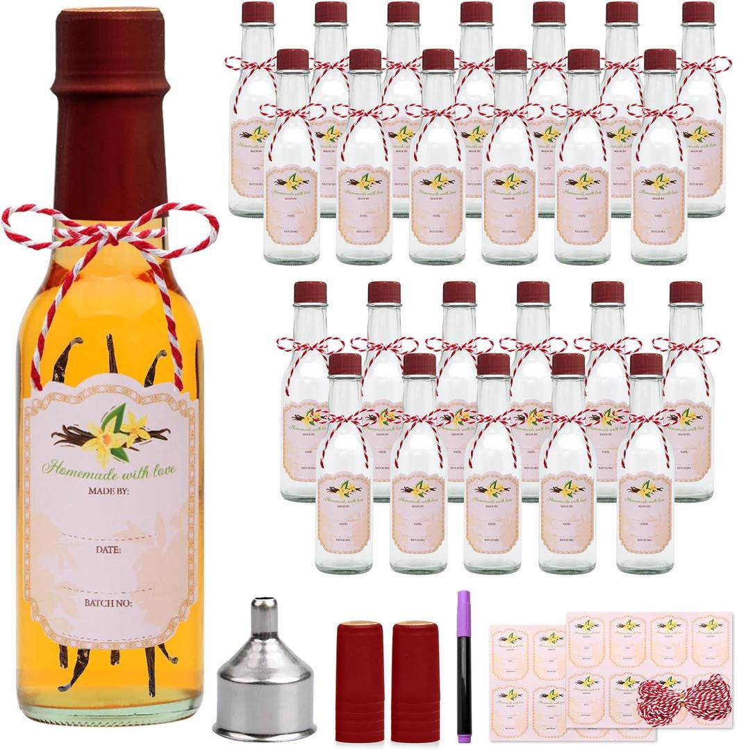 Encheng 5oz Hot Sauce Bottles with Lids,Clear Woozy Bottles with Shrink Capsules,Small Wine Making Bottle With Lid for Bottling,Empty 5oz Glass Vanilla Extract Bottle With Red Caps Set of 25