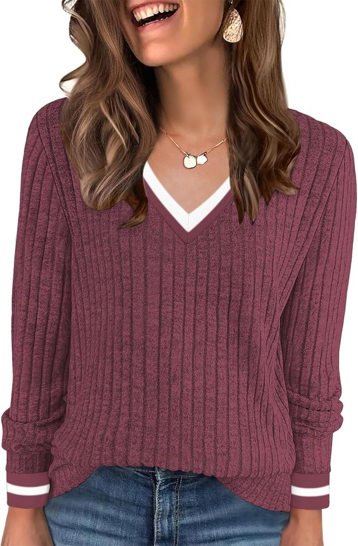 V Neck Long Sleeve Shirts for Women Fall 2025 Casual Business Ribbed Knit Sweater Cute Work Outfits (X-Large, D-wine Red)