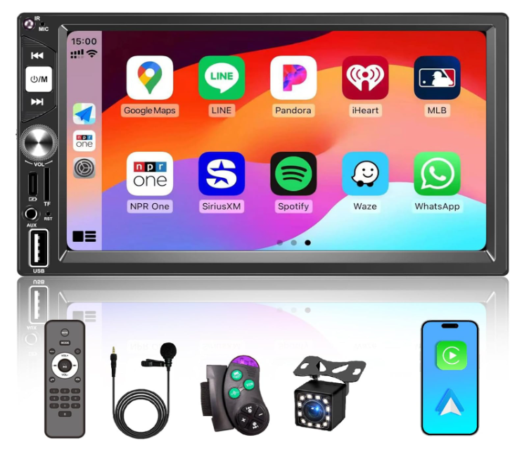 7'' Wireless Works with Apple Carplay Double Din Car Stereo,FM Car Radio,Car Bluetooth,IPS 1024 * 600 Touchscreen, Car Backup Camera, Steering Wheel Controls, Car Navigation,Typec,USB,TF