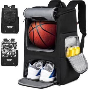 Basketball Backpack, Basketball Bag with Separate Ball Holder & Shoes Compartment Water Resistant Sports Bag Basketball Equipment Bags Fit Volleyball, Soccer, Swim, Gym, Travel, Black