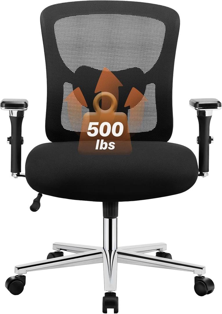 Sweetcrispy Big and Tall Office Desk Chair with Lumbar Support, 500lbs Heavy Duty Mesh Ergonomic Computer Chair with 4D Armrest and Wide Comfy Seat, Wheels for Adult (Light Black)