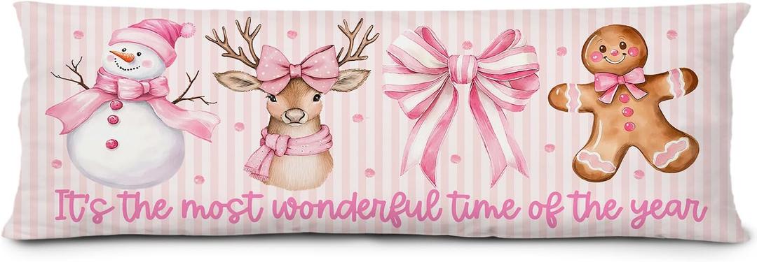 Coquette Pink Snowman Gingerbread Body Pillow Cover 20x54 Inches,It's The Most Wonderful Time of The Year,Preppy Pink and White Bow Xmas Decorative Long Hug Pillow Covers for Couch Bed