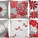 COMMINY Red Grey Pillow Covers 20x20 Set of 6, Daisy Flower Throw Pillow Cover Case Rustic Square Cushion Cover for Sofa Bedroom Living Room Farmhouse Home Decor