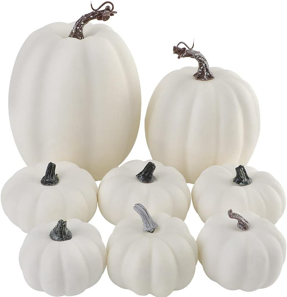 Artmag 8 Pcs Assorted Sizes Harvest White Artificial Pumpkins for Fall Halloween Thanksgiving Decorating Embellishing and Displaying