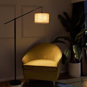 SURAIELEC Arc Floor Lamp, Overhang Cantilever Standing Floor Lamp for Couch, Sofa, Reading, Living Room, Bedroom, Adjustable Balance Arm, Natural Linen Drum Shade, Matt Black Metal Pole, Foot Switch  
