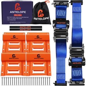 A ANTELOPE Heavy Duty Wheel Chock Tie Down Kit, 4400lbs Break Strength Trailer Tire Straps System, ETrack Trailer Tire Straps for ATV, UTV, Mower
