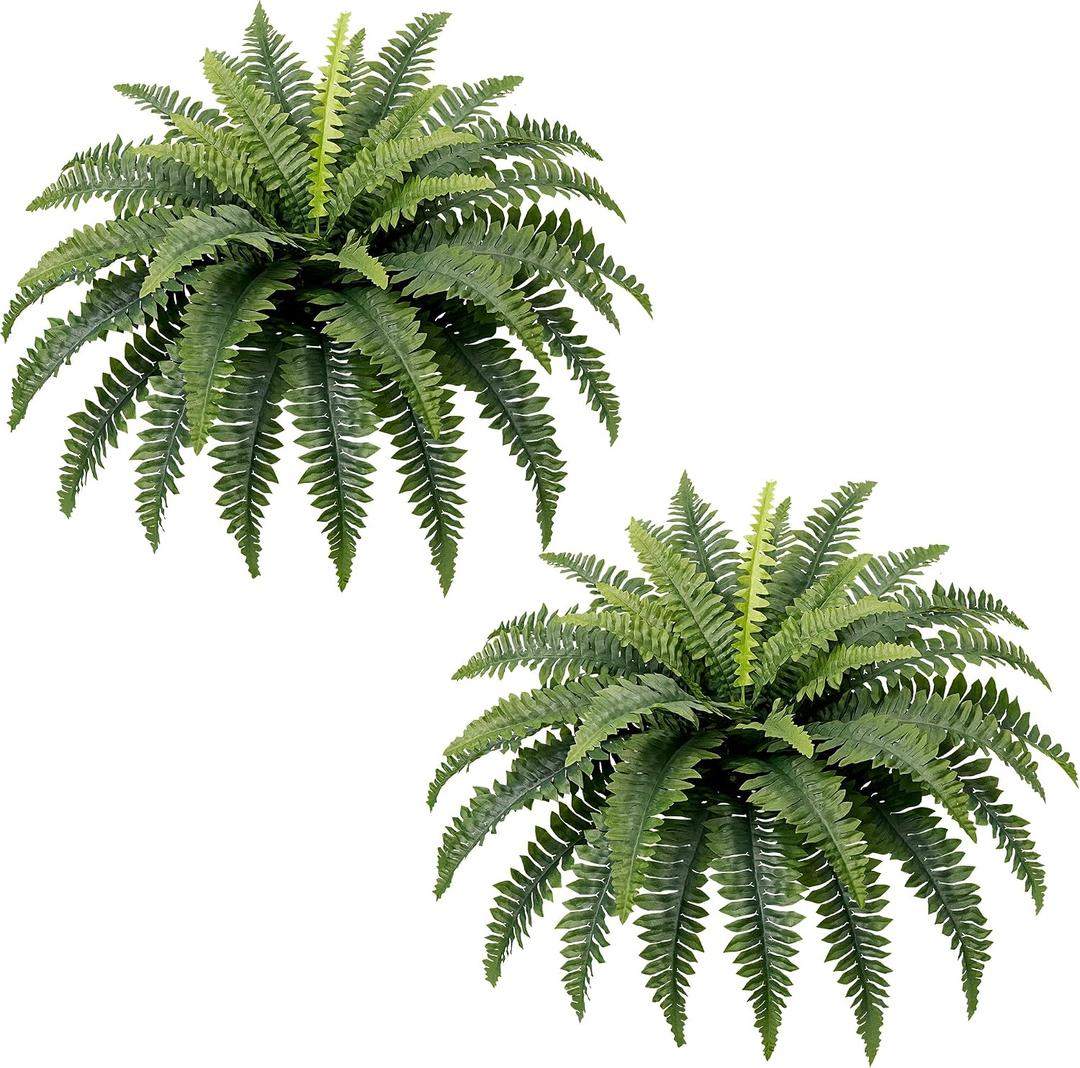 Fake Ferns, 35IN Large Fake Bush Plants, 2 Artificial Boston Ferns with 39 Fronds for Outdoor Hanging Planter Garden Porch Entrance Home Decor