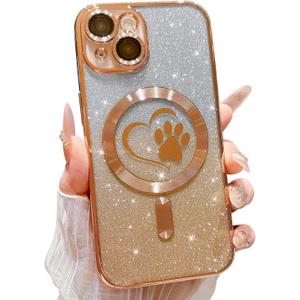 for iPhone 13 Case, Glitter Clear Cute Paw Love Heart, Compatible with MagSafe, Strong Magnetic Full Camera Lens Protection Cover, Soft Slim Bling Phone Case 6.1" - Gold