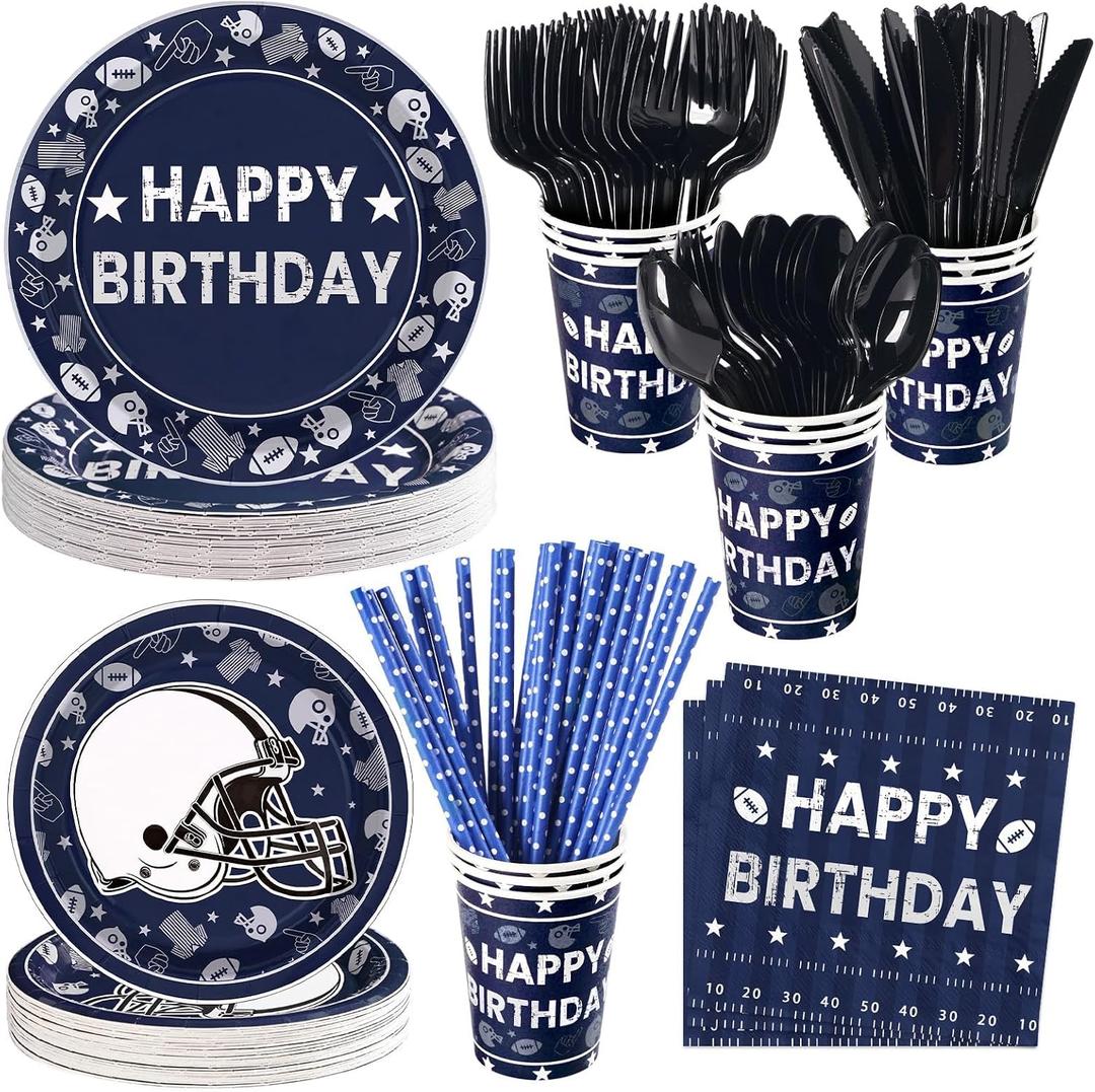 192 Pcs Cowboys Football Birthday Party Supplies Blue Cowboys American Rugby Plates and Napkins Football Theme Tableware Set for Teen Men Team Sport Birthday Party Supplies, Serves 24