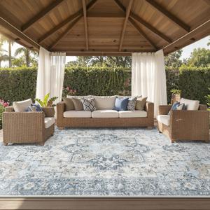 GENIMO Outdoor & Indoor Area Rug 10'x14', Waterproof, Non-Shedding, Easy Cleaning, Boho Mat for Patio, Living Room, Balcony, Dining Room, RV, Deck, Bedroom, Camping, Outside Carpet,Blue