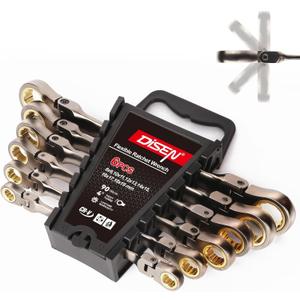 DISEN 6PCS 90 Teeth Ratcheting Wrench Set Double Box End Flex Head with Gray Nickel Coated Ratchet Wrench Set with Organizer, 12 Point 4 Swing Arc, CR-V Steel, for Home Daily Use, Gift for Man