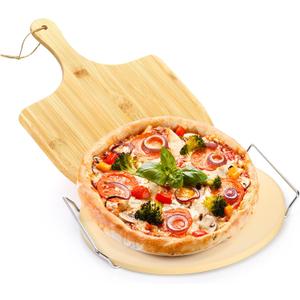 ZENFUN Round Pizza Stone with Wooden Peel and Metal Carry Rack 12 In Cooking Pizza Stone for Oven Baking and BBQ Grilling Round Baking Stone Cordierite Pizza Cooking Pan Free Bamboo Pizza Peel Paddle