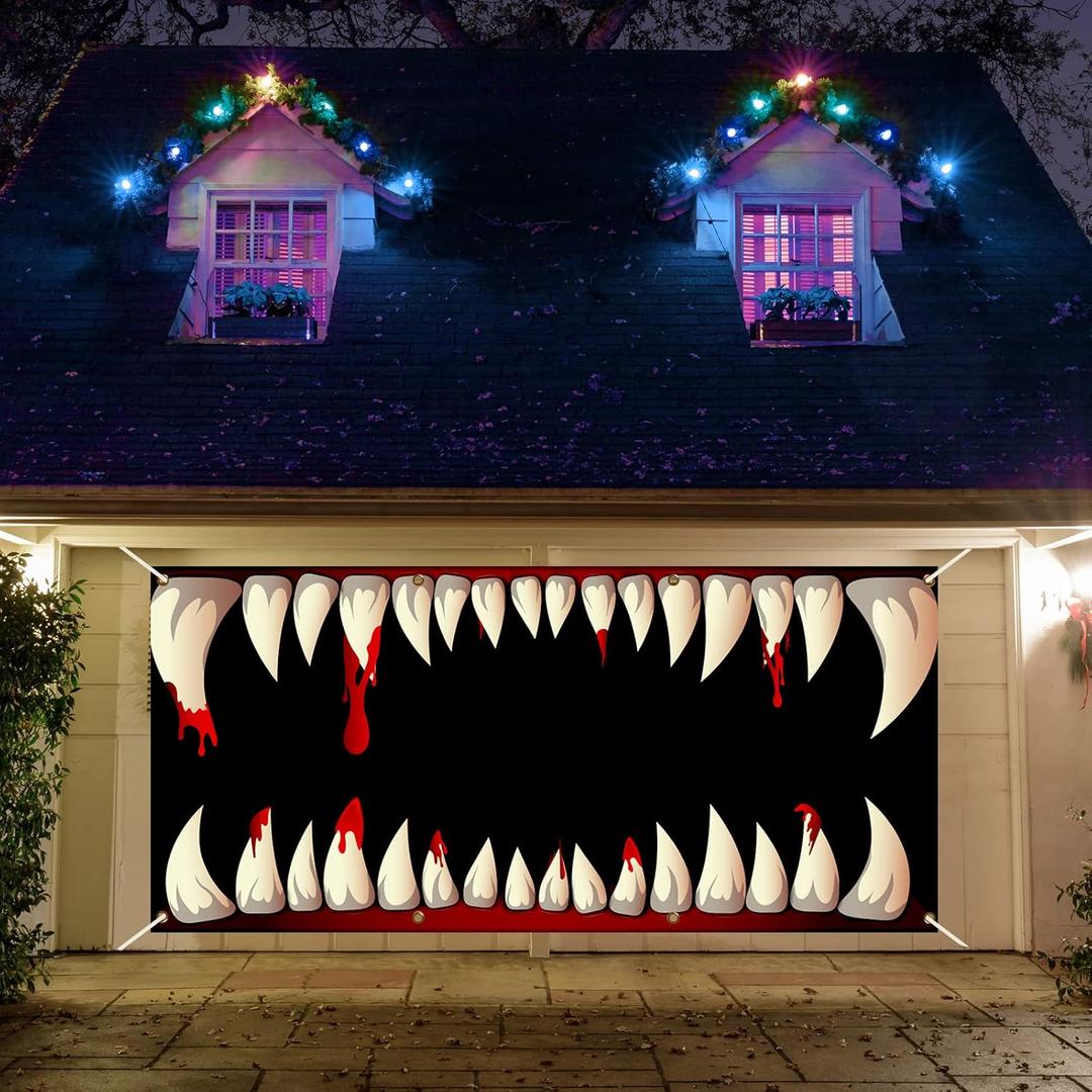 gisgfim Halloween Monster Garage Door Decoration Monster Face Garage Door Banner Cover Large Size Halloween Backdrop Decorations Fangs Party Outdoor Indoor Background Sign 6x13ft