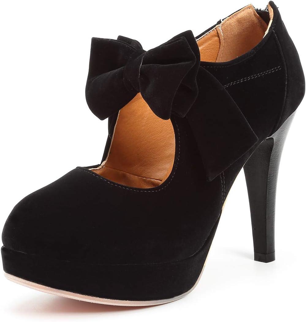 Mostrin Fashion Vintage Womens Small Bowtie Platform Pumps Ladies Sexy High Heeled Shoes (10, Black58)
