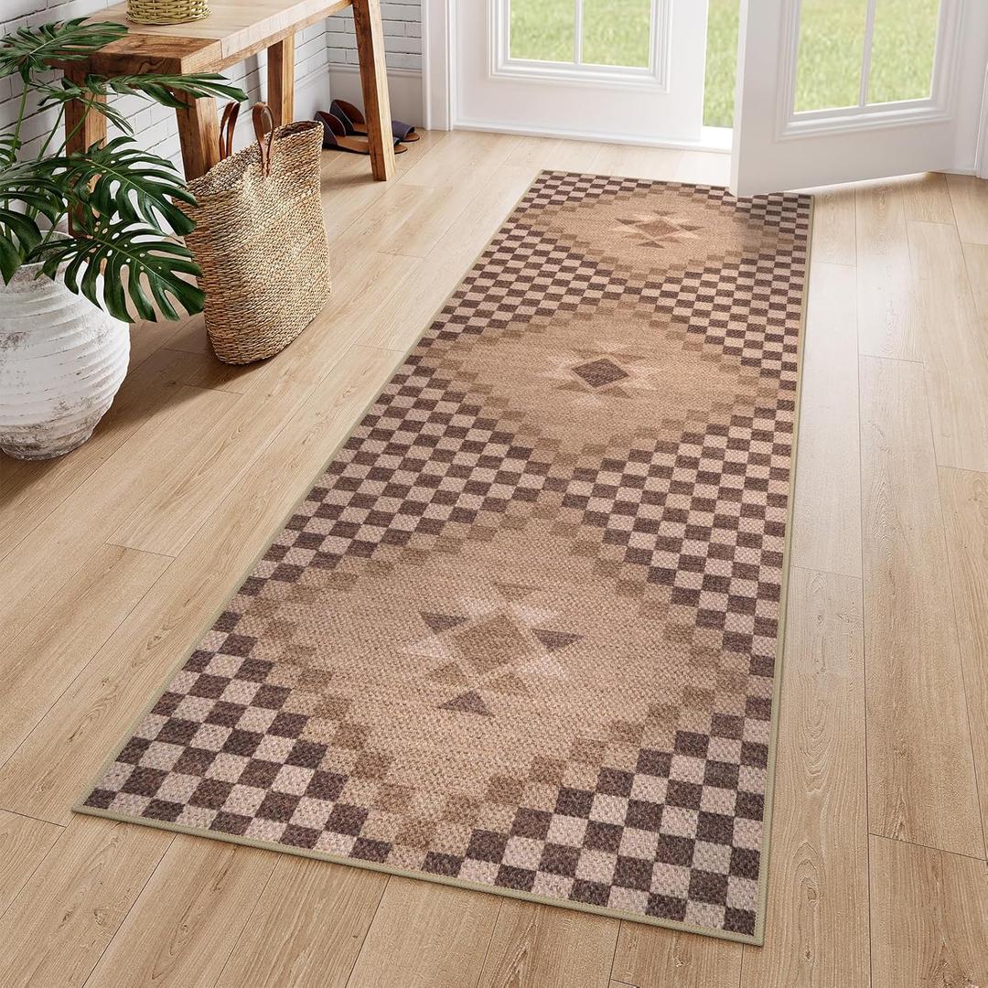 LIVEBOX Washable Easy Jute Rug Runners 2x6 for Entryway, Non Skid Kitchen Runner Rugs for Indoor Outdoor Entrance, Checkered Brown Hallway Rug Runner for Laundry Room Bedroom (Terracotta)