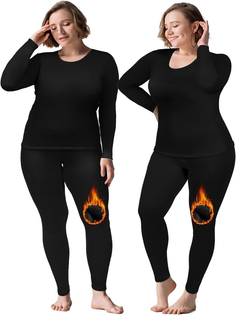 Patelai 2 Sets Plus Size Long Thermal Underwear for Women Fleece Lined Base Layer Pajama Top and Bottom Cold Weather (Black)
