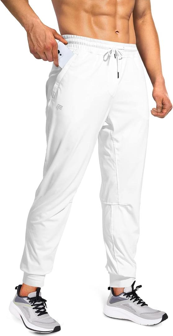 Mens Joggers with Zipper Pockets Lightweight Sweatpants for Men Pants Athletic Workout Running Track Gym (White, M)