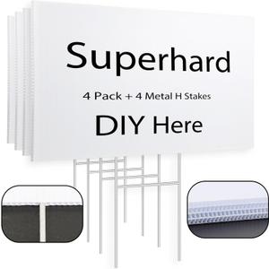 4 Pack Blank Yard Signs 17 x 12 in with Metal Stakes, White Plastic Yard Lawn Sign for Birthday Decoration,Garage Sale,Guidepost, Open House, Rent