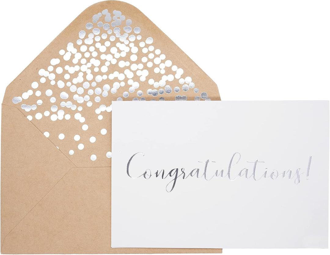 Congratulations Card 50 Pack Matte Finish Greeting Cards With Congratulations Embossed In Silver Foil Letters For Engagement, Graduation, Wedding 52 Silver Foil Confetti Kraft Envelopes (White)