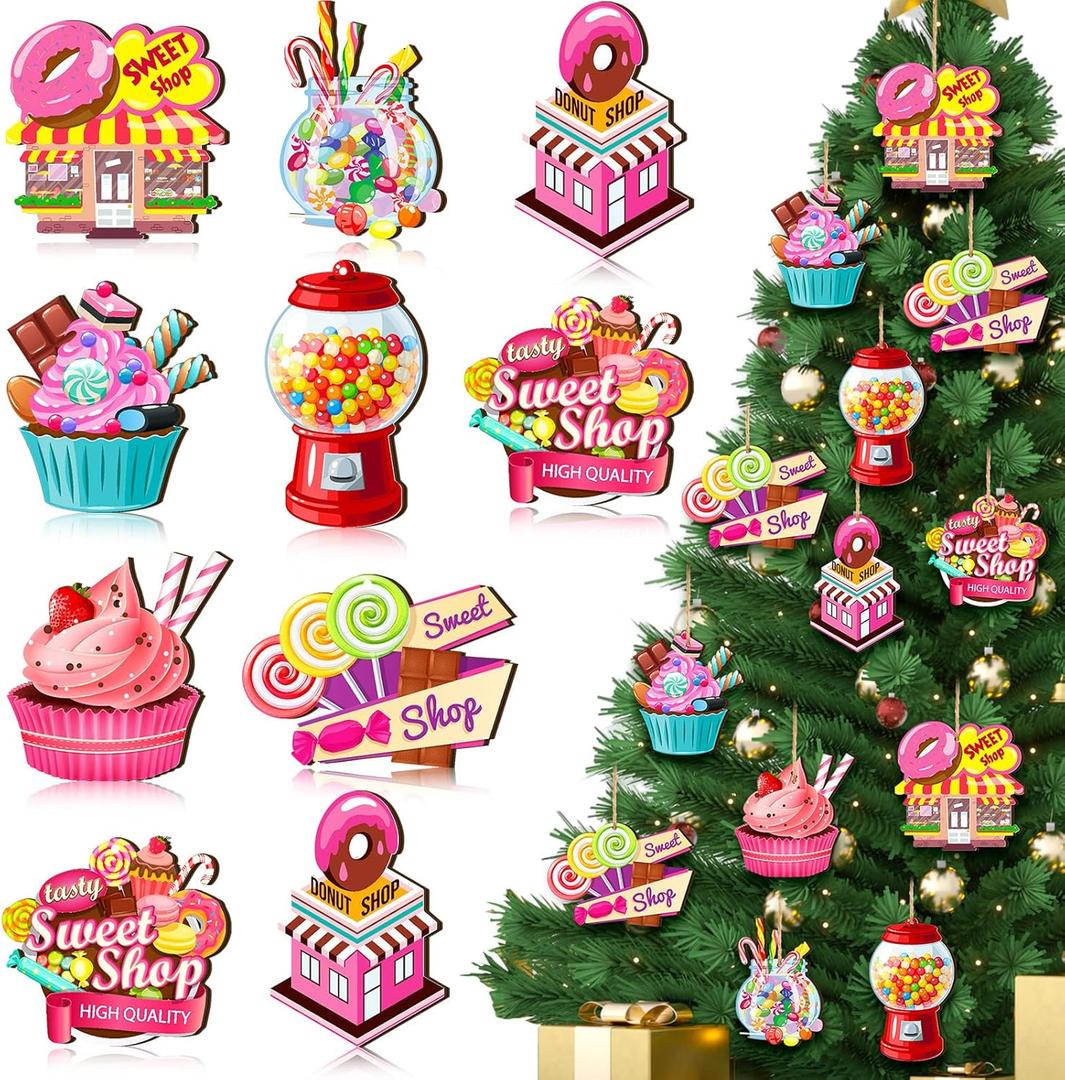 24 Pcs Christmas Candy Ornaments Pastel Wooden Christmas Tree Decorations Candy Cane Cake Lollipop Ice Cream Ornaments with Rope for Home Xmas Tree Topper DIY Party Decor
