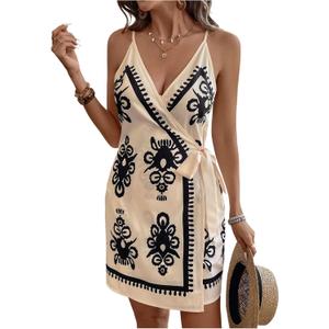 Verdusa Women's Satin Graphic Bow Tie Mini Wrap Dress Backless Spaghetti Strap Dresses (Medium, Multicolor)