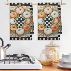 Colorful Pumpkin Kitchen Towels Set of 2 Fall Buffalo Plaid Dish Towels Bar Absorbent Cleaning Tea Towel for Home Dining Restaurants, 18x28 inches