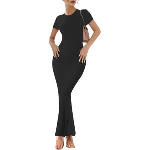 Buauty Women Bodycon Dresses Ribbed Maxi Dresses Basic Summer Casual Long Dress Black Wedding Guest Dress Formal Party, Size: X-Large