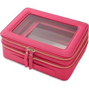 Aveniee XL Clear Makeup Organizer,Double Layer Travel Cosmetic Case with Brush Holder & Zippered Compartments,Big Toiletry Bag for Travel Accessories,2 Layers Large,Hotpink