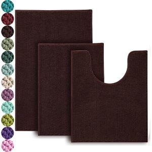 Urvoix Bathroom Rugs Set - 3 Pieces Ultra Soft Non-Slip Bath Mats, Chenille Absorbent Bath Rugs for Bathroom, Tub and Shower (Brown), 20"x32" / 17"x24" / 20"x24" Contour