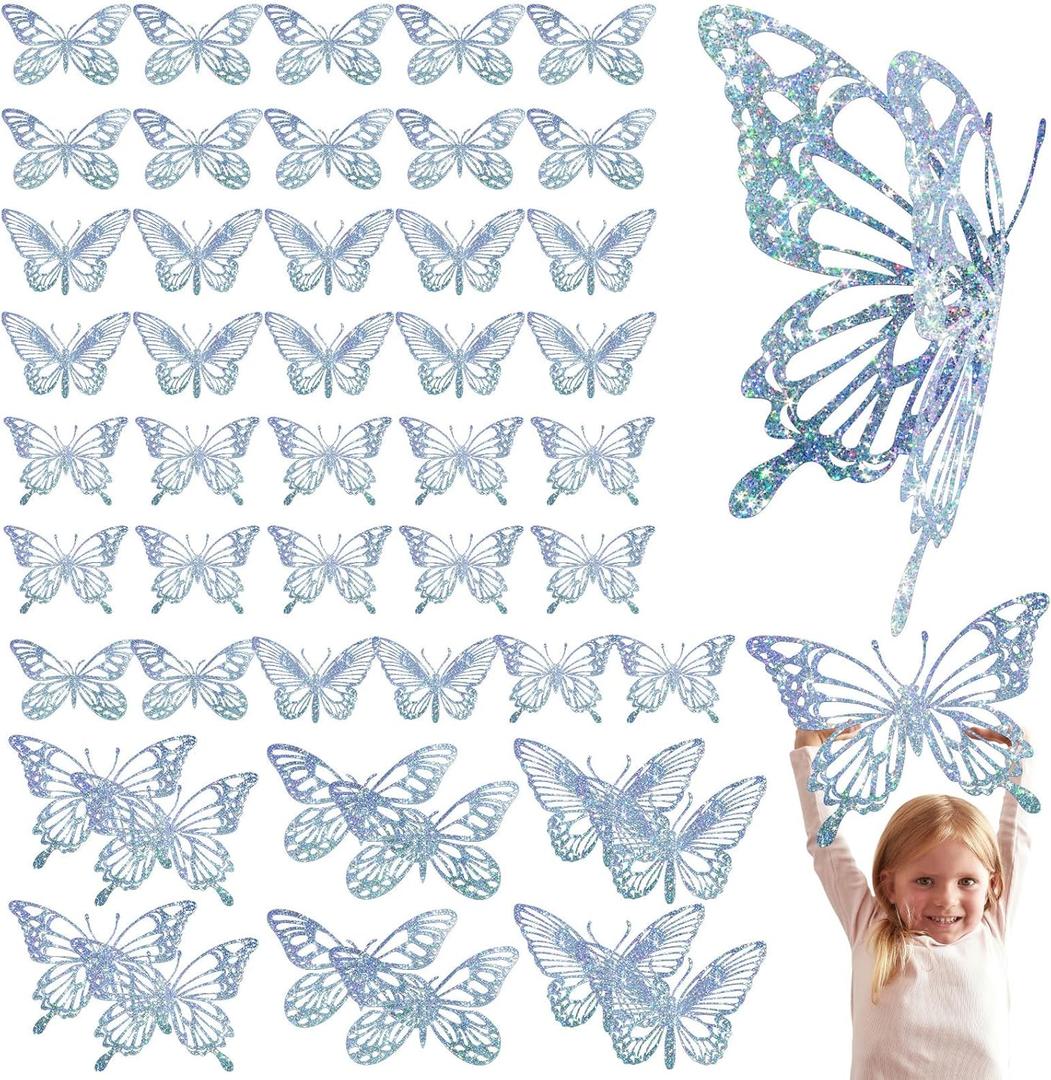 Yeaqee 24 Pcs Large Butterfly Party Decoration 3D Butterflies Wall Decor Set 2 Sizes 3 Styles Large Stickers for Birthday Baby Shower Nursery Bedroom Wedding Decor Cutouts (Glitter Silver)
